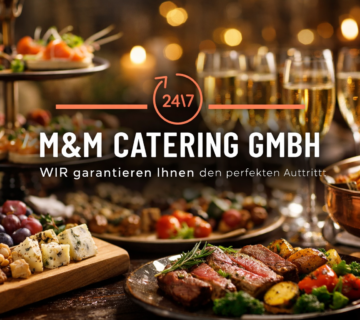 Premium Catering Wien – Gourmet Buffet mit hochwertigen Speisen, Wein, Käse, Fleisch und frischem Obst, mit M&M Catering GmbH Logo in Wien und Niederösterreich 