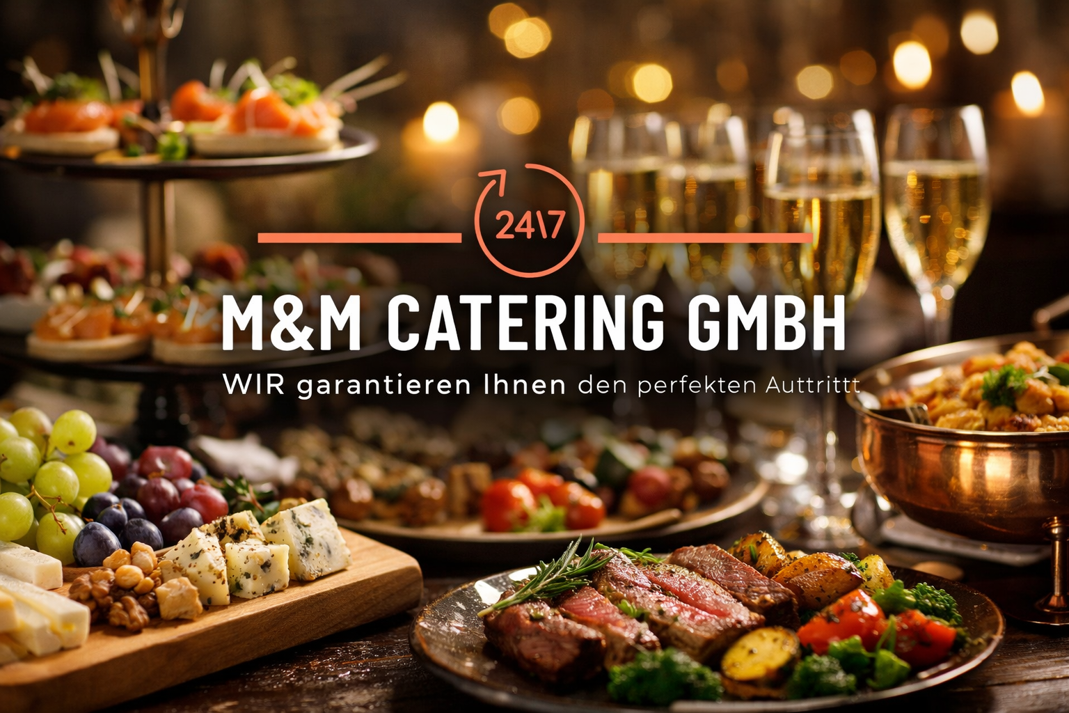 Premium Catering Wien – Gourmet Buffet mit hochwertigen Speisen, Wein, Käse, Fleisch und frischem Obst, mit M&M Catering GmbH Logo in Wien und Niederösterreich.