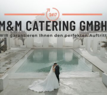Brautpaar bei luxuriöser Hochzeit mit Pool Location und M&M Catering GmbH – Hochzeitsbuffet oder gesetztes Menü für elegante Hochzeiten in Wien